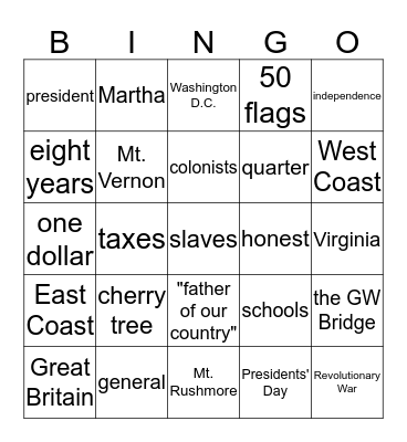 George Washington Bingo Card