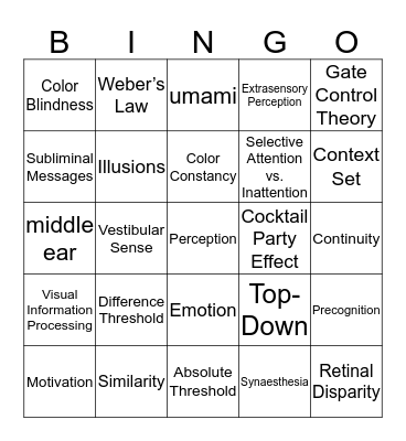 Sensation and Perception Bingo Card