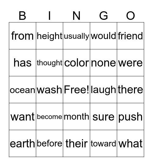 Sight Words Bingo Card