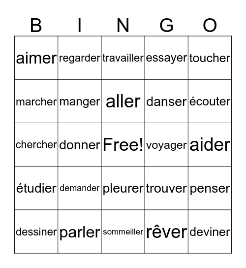 Les verbes Bingo Card