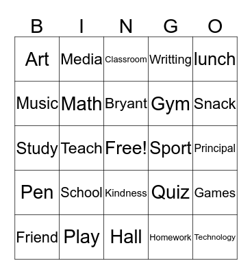 School Bingo Card