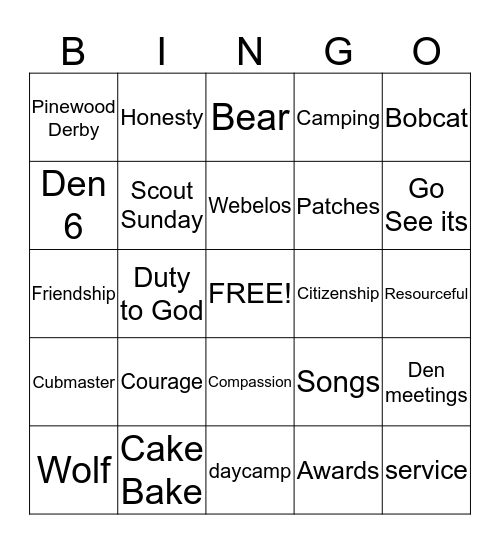 Cub  Scout   Bingo Card