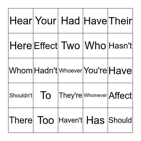 Grammar Bingo Card