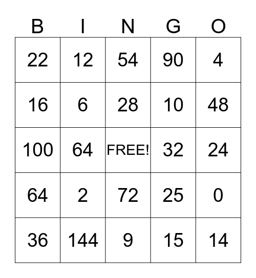 Multiplication BINGO Card