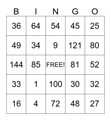 Multiplication BINGO Card
