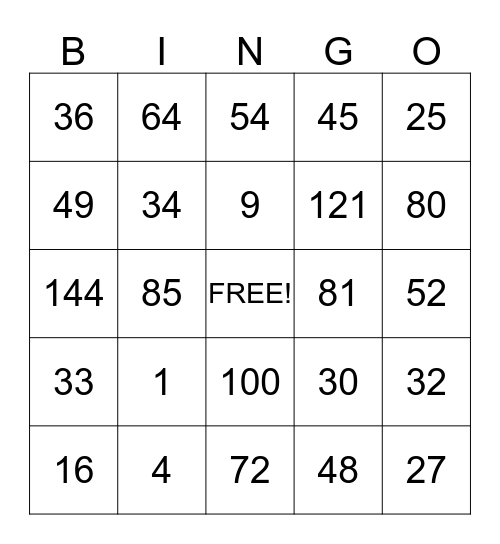 Multiplication BINGO Card