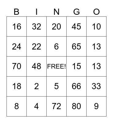 Multiplication BINGO Card