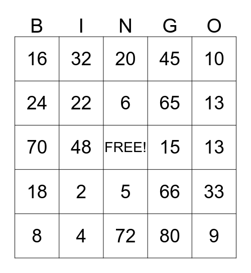 Multiplication BINGO Card