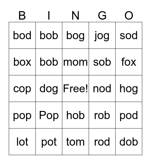 SHORT O Bingo Card