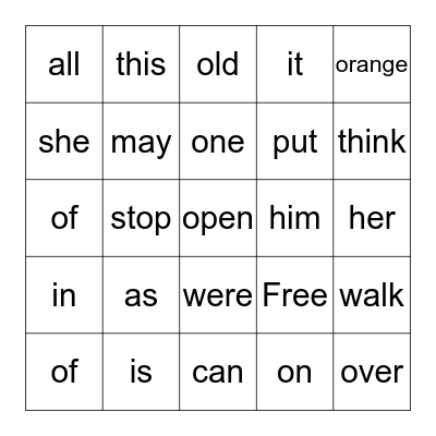 Sight Words Bingo Card