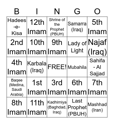 14 Masoomeen Bingo Card