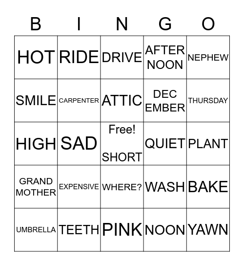 VOCAB Bingo 1 Bingo Card