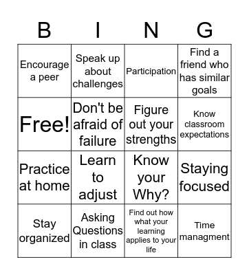 School Success Bingo Card