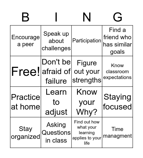 School Success Bingo Card