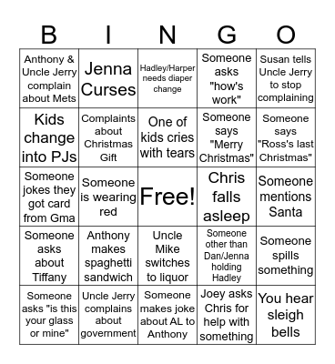Monfet Christmas Eve Drinking Bingo Card