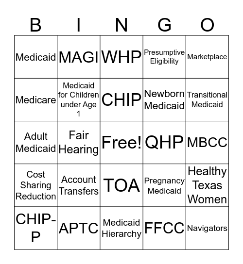 Day 1 Medicaid Bingo Card
