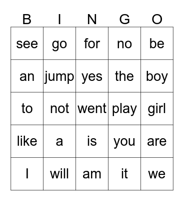 Sight Words Bingo Card