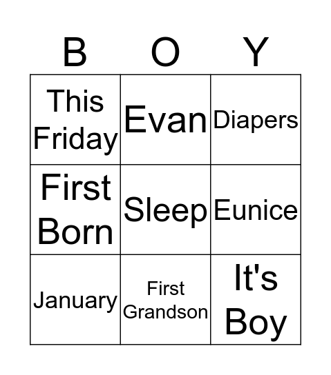 Eunice's BabyShower Bingo Card