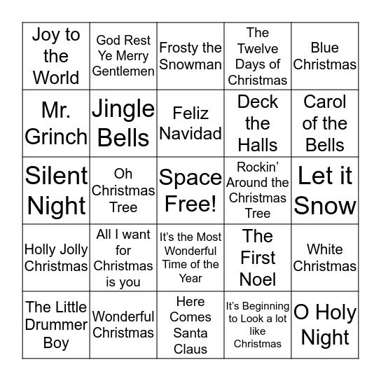 Christmas Songs Bingo Card