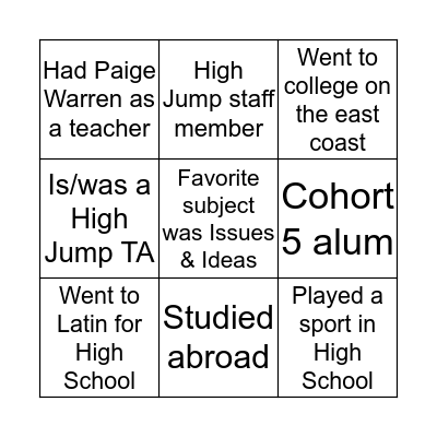 High Jump Bingo Card