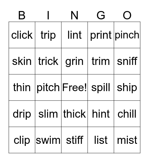 Short i Fun Bingo Card