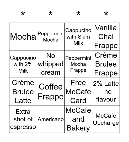 McCafe Bingo Card