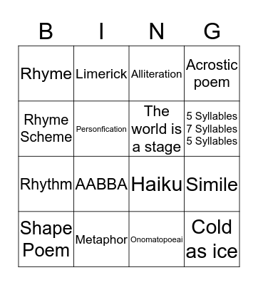 Poetic Devices Bingo Card