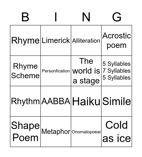 Poetic Devices Bingo Card