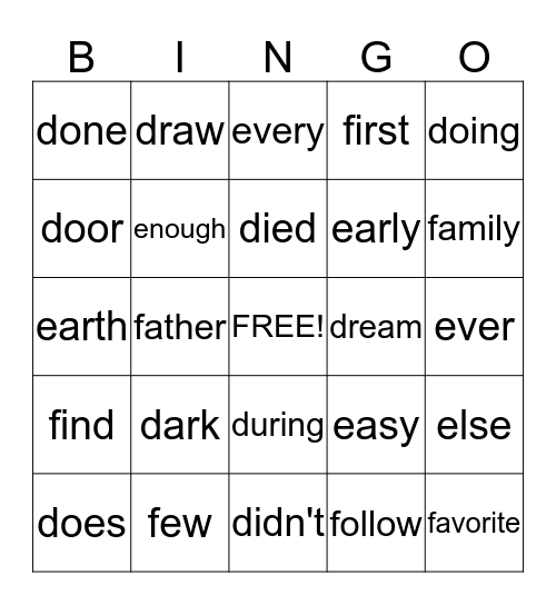 Sight Word Bingo Card