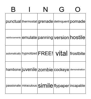 Watson's Vocabulary Bingo Card