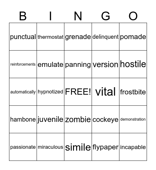 Watson's Vocabulary Bingo Card