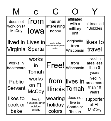 McCoy Mingle Bingo Card