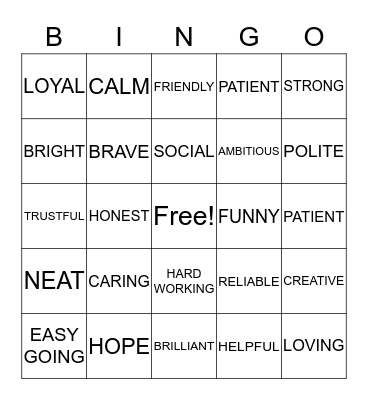 POSITIVE CHARACTERISTICS Bingo Card
