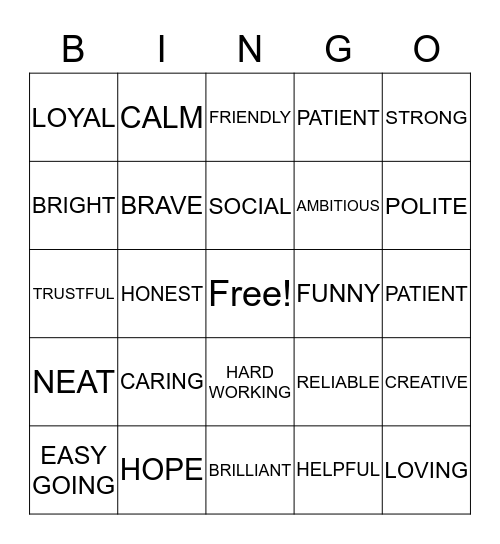 POSITIVE CHARACTERISTICS Bingo Card