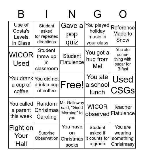 Teacher Christmas Bingo Card