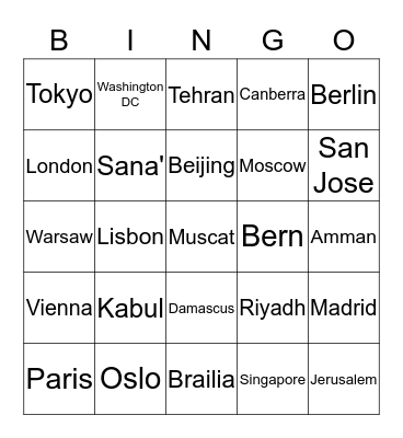 Capital Cities Bingo Card