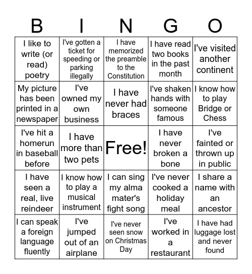 Life Experience Bingo Card