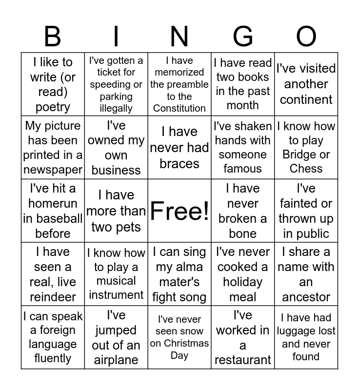 Life Experience Bingo Card