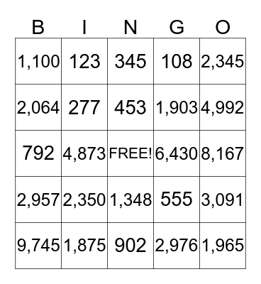 Place Value to 1,000 Bingo Card