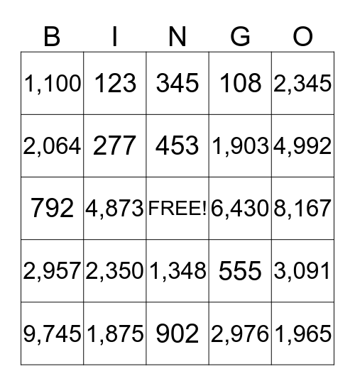 Place Value to 1,000 Bingo Card