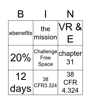 Vocational Rehabilitation Bingo Card