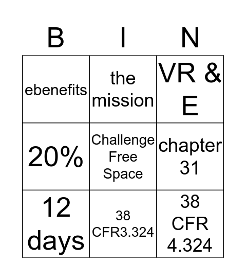 Vocational Rehabilitation Bingo Card