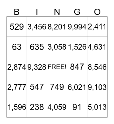Place Value to 1,000 Bingo Card
