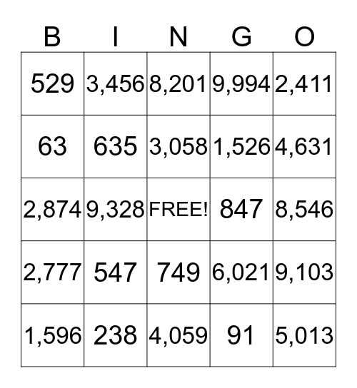 Place Value to 1,000 Bingo Card