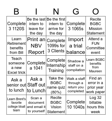 Internship Bingo Card