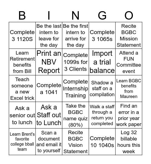 Internship Bingo Card