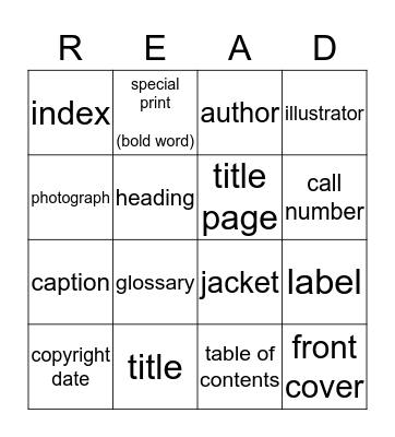 Parts of a Book Bingo Card