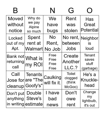 LANDLORD Bingo Card