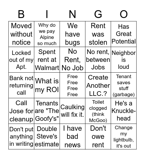 LANDLORD Bingo Card