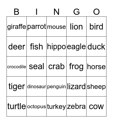 Flashcards: Animals Bingo Card